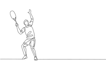 Wall Mural - One continuous line drawing of young happy man tennis player prepare to service and hit the ball. Competitive sport concept. Dynamic single line draw design vector illustration for tournament poster