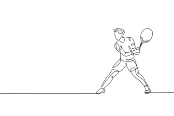 Poster - One single line drawing of young energetic tennis player prepare to hit the ball vector illustration. Sport training concept. Modern continuous line draw design for tennis tournament banner and poster