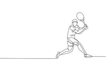 Poster - Single continuous line drawing of young agile tennis player prepare to hit opponents ball. Sport exercise concept. Trendy one line draw design vector illustration for tennis tournament promotion media