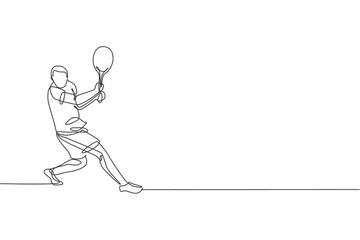 Poster - One continuous line drawing young happy tennis player defense and hit the ball. Competitive sport concept. Dynamic single line draw design vector illustration graphic for tournament promotion poster