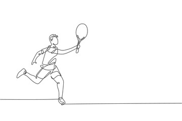 Poster - Single continuous line drawing of young agile man tennis player defense and hold the ball. Sport exercise concept. Trendy one line draw design vector illustration for tennis tournament promotion media
