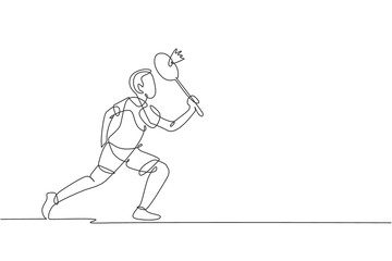 Poster - Single continuous line drawing of young agile badminton player take a hit from opponent. Sport training concept. Trendy one line draw design vector illustration for badminton tournament publication