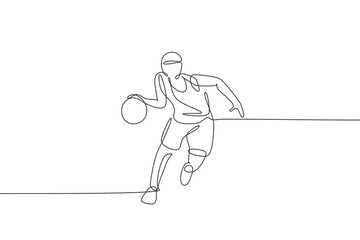 Poster - Single continuous line drawing of young agile basketball player dribbling the ball. Competitive sport concept. Trendy one line draw design vector illustration for basketball tournament promotion media