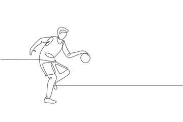 Poster - One single line drawing of young energetic basketball player train at court graphic vector illustration. Sports competition concept. Modern continuous line draw design for basketball tournament poster
