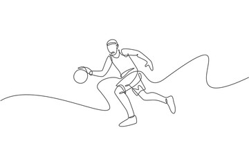 Poster - Single continuous line drawing of young healthy basketball player dribbling a ball. Competitive sport concept. Trendy one line draw design vector illustration for basketball tournament promotion media
