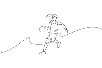 Poster - One continuous line drawing of young agile basketball woman player dribbling the ball. Teamwork competitive sport concept. Dynamic single line draw design vector illustration for tournament poster
