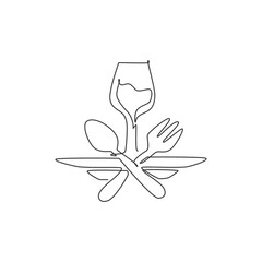 Poster - One continuous line drawing of fresh drink on glass for restaurant logo emblem. Fast food cafe shop logotype template art concept. Modern single line draw design vector graphic illustration