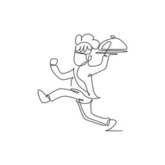 Poster - Single continuous line drawing of happy young man carrying tray cover cloche for food delivery service  logo label. Restaurant food delivery concept. Modern one line draw design vector illustration