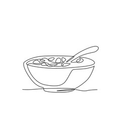 Wall Mural - Single continuous line drawing of stylized bowl of cereal breakfast with fresh milk. Healthy whole wheat food concept. Modern one line draw design natural food vector illustration graphic