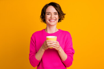 Portrait of satisfied cute lovely girl drink coffee cup wear pullover isolated over vivid color background