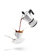 Pouring Coffee Into Cup From Coffeepot With Splashing