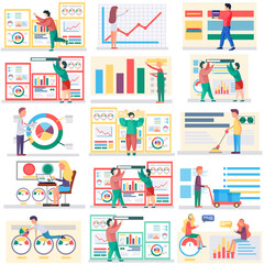 Fototapete - Business data analysis, planning company strategy, Digital marketing, businesspeople communication flat vector concept. Businesswoman and businessman near posters with charts and graphs scenes set