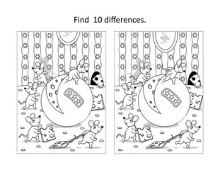 Wall Mural - Find 10 differences visual puzzle and coloring page with mice and cheese 
