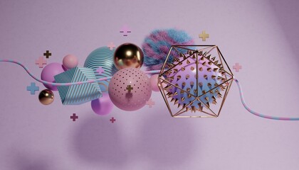 Poster - cluster of abstract spheres and solids, gold, pink and blue, 3d render / rendering