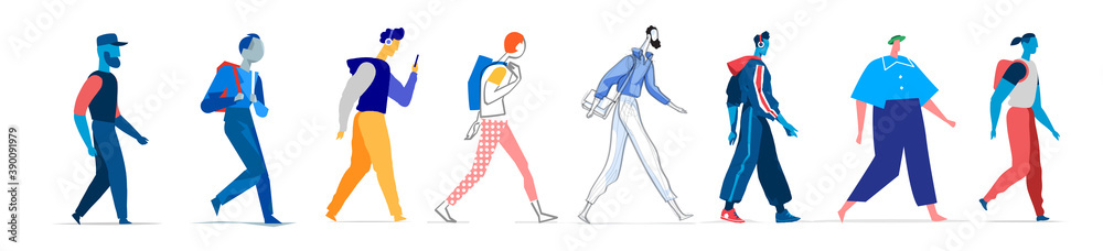 Collezione di personaggi maschili in diversi stili. Uomini che camminano in diverse posizioni isolati su fondo bianco - obrazy, fototapety, plakaty 