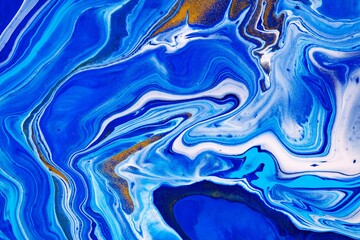  Fluid art texture. Background with abstract mixing paint effect. Liquid acrylic artwork that flows and splashes. Mixed paints for background or poster. Blue, golden and white overflowing colors