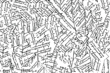 Fototapete - Grunge texture of unreadable handwritten text, letter clippings. Illegible handwriting, scraps of writing. Vector illustration. Overlay template.
