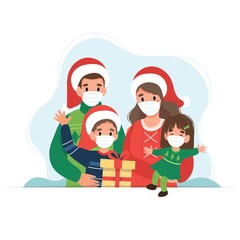 Wall Mural - Happy family at christmas wearing medical masks. Cute vector illustration in flat style