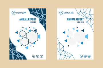 Poster - annual report cover design template for chemical industry with vertical layout. white background with polygonal triangle, dot, hexagon element design. space for photo collage with blue color. 