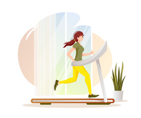 Wall Mural - Young woman running on a treadmill at home. Running, Sport training, Healthy lifestyle, Energy, Fitness. Cardio workout concept. Isolated vector illustration for poster, banner, placard, card, cover.