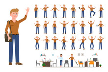 Adult Office Cartoon Character Man In Casual Clothes Waving Hand Up Flat Style Design Vector Illustration Set. Male Person Wearing Jeans, Body Poses, Face Emotions, Desk, Chair Office Interior Kit