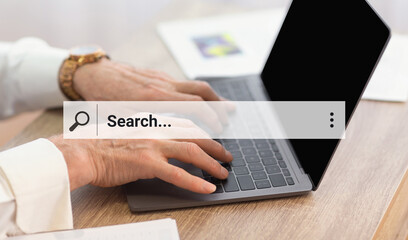 Poster - Unrecognizable Businessman At Laptop Searching Content In Modern Office, Collage