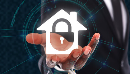 Poster - Black man holding hologram of locked house icon in hands