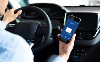 Poster - Unrecognizable Man Using Cellphone Reading New E-Mail Message Driving Car