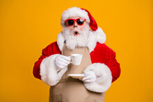 Close-up Portrait Of His He Nice Attractive Amazed Wondered Astonished Santa Shop Owner Businessman Drinking Cappuccino Cafe Cafeteria Taste Isolated Bright Vivid Shine Vibrant Yellow Color Background