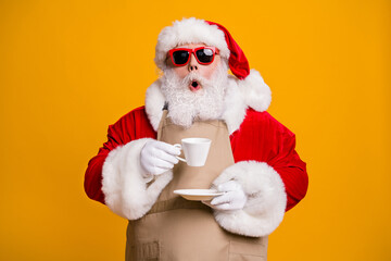 Wall Mural - Close-up portrait of his he nice attractive amazed wondered astonished Santa shop owner businessman drinking cappuccino cafe cafeteria taste isolated bright vivid shine vibrant yellow color background