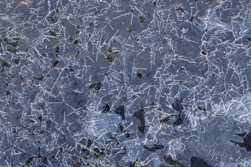 Texture ice surface of a mountain river close up