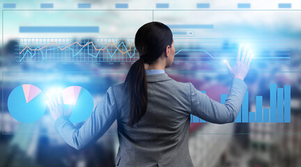 Poster - Business Planning. Businesswoman touching virtual screen with digital company data infographic