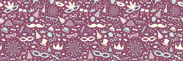 Wall Mural - Colorful seamless pattern with carnival, photobooth and birthday party elements. Vector