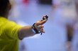 Shallow depth of field with handball referee hand holding a whistle
