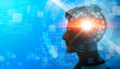 Poster - Male cyborg profile portrait over blue background