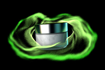 Wall Mural - Glass Cream Jar With Silver Lid In Light Green Steam of Transparent Fur on Black Background. 3d Rendering