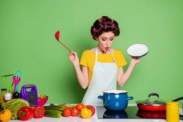 Sticker - Photo amazed retro style girl prepare veggie soup boil saucepan hold ladle open cover lid impressed problem cook dish wear yellow dotted dress hair curlers isolated green color background