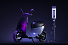 Black Electric Scooter With Electric Charger At Dark Background Illuminated By Violet Neon Light. Eco Alternative Transport Concept. 3d Rendering