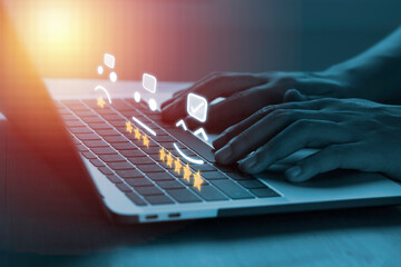 Poster - Customer evaluation and satisfaction for product and service concept, businessman using laptop computer to input point and evaluation result on company website.