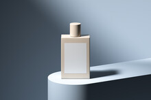 Minimalism And Sharp Lines. Perfume Or Cream Jar From Matte Glass On Concrete Gray Showcase. 3d Rendering