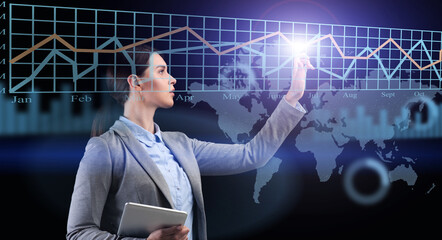 Poster - Creative Collage With Businesswoman Touching Virtual Screen With Digital Business Data Graph