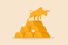 Gold Investment Bull Market, Safe Haven In Financial Crisis Or Gold Price Rising Up As Investor Run A Concept, Shiny Bull Statue On Stack Of Bullion Gold Bar, Ingot Treasure.