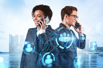 Wall Mural - Businessman and businesswoman as a part of corporate team processing conference call to develop social media marketing strategy to achieve business goals. Hologram icons over Singapore background