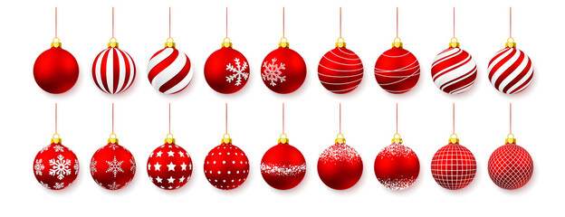 Wall Mural - red shiny glowing christmas balls. xmas glass ball. holiday decoration template. vector illustration