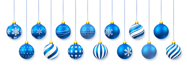 Wall Mural - blue shiny glowing christmas balls. xmas glass ball. holiday decoration template. vector illustratio