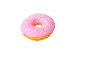 Pink frosted donut with colorful sprinkles isolated on white background with clipping