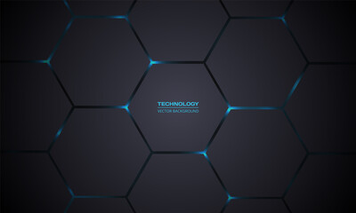 Dark gray hexagonal technology vector abstract background. Blue bright energy flashes under hexagon in modern technology futuristic background vector illustration. Dark gray honeycomb texture grid.
