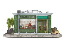 Front View On A Small Flower Shop On A Piece Of Ground, 3d Illustration