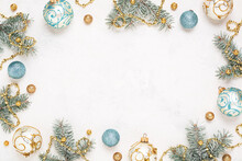 Christmas Frame On White Holiday Background. Gold And Blue Christmas Decorations, Copy Space. New Year Border.