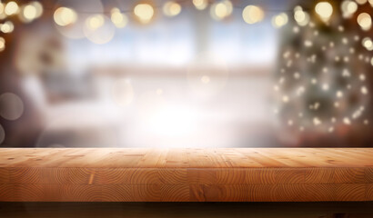 Wall Mural - A Christmas pine wood tabletop product display with a festive background and an empty space on the table.